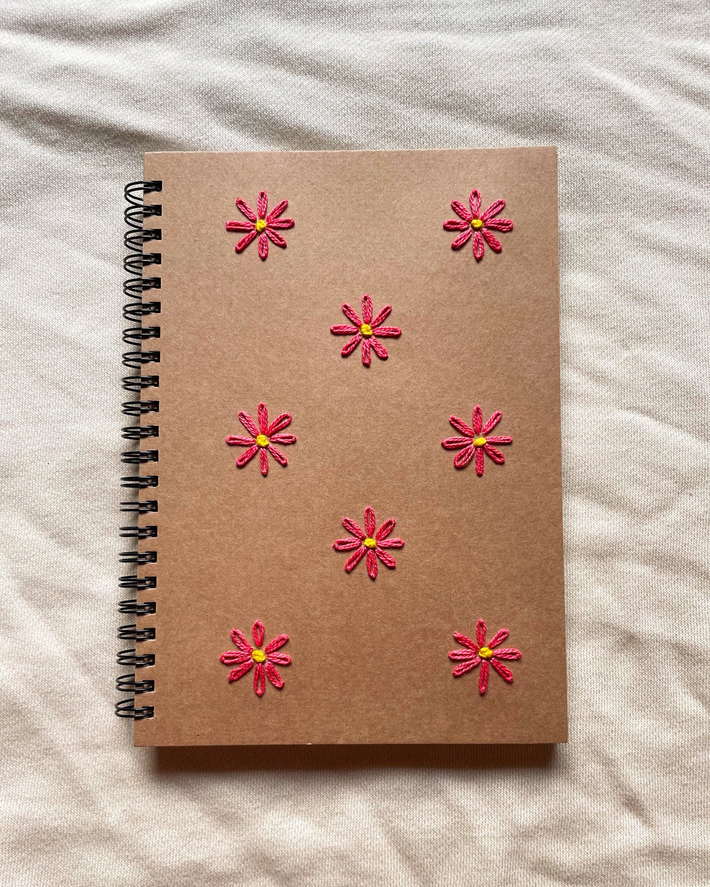 Daisy Flowers in Red - Kraft Embroidered A5 Notebook