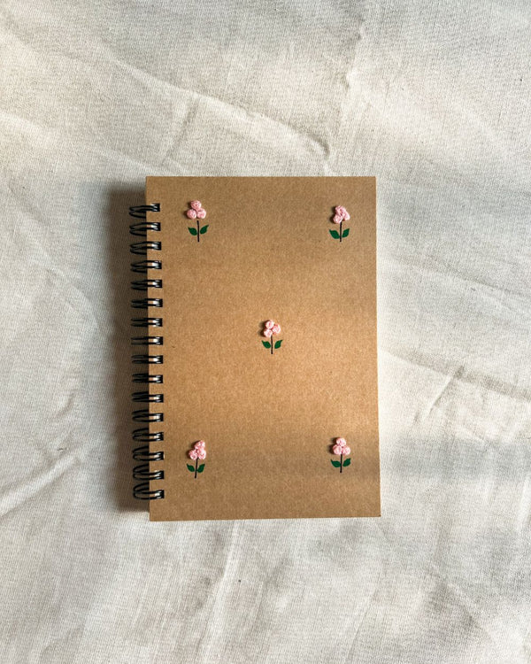 Minimal pink flower - Kraft Embroidered Notebook