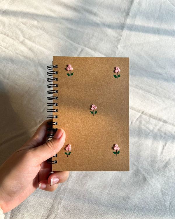 Minimal pink flower - Kraft Embroidered Notebook