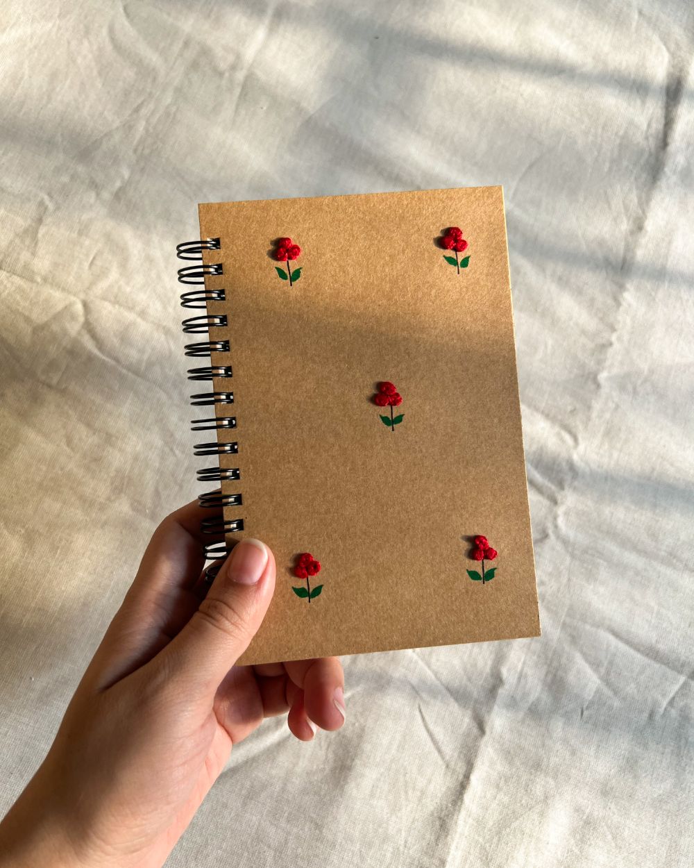 Minimal Red flower - Kraft Embroidered Notebook