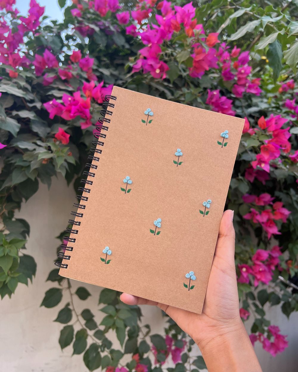 Minimal Sky Blue Flower A5 Kraft Embroidered Notebook Nigarish minimal-sky-blue-flower-a5-kraft-embroidered-notebook-nigarish